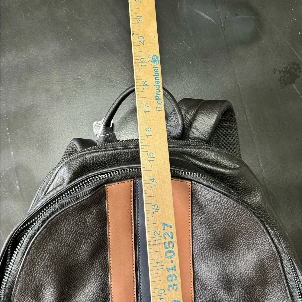 Coach Black Leather Backpack with Brown and Navy Stripes